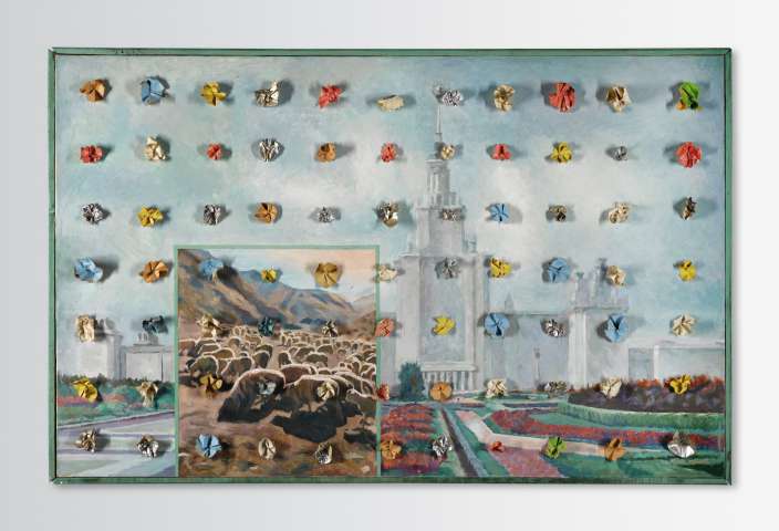 Ilya Kabakov (1933). Holiday #1. 1987. Oil, enamel, fabric, foil and paper on  canvas. 101.5 x 158